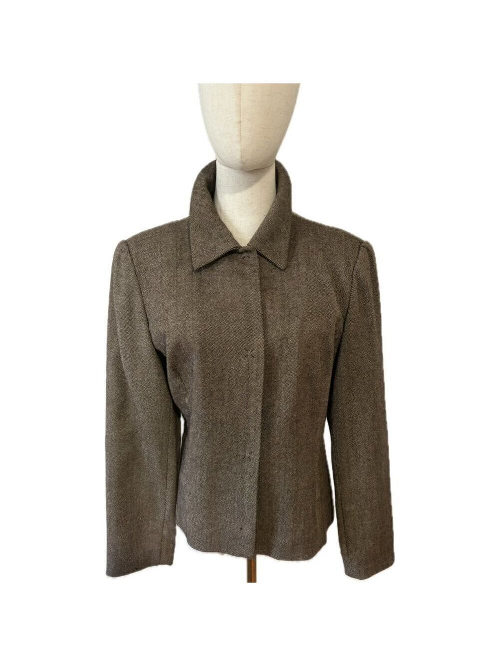90s MINIMALIST TAN & BLACK WOVEN WOOL BLEND LINED CROPPED BLAZER CARLSON 10P